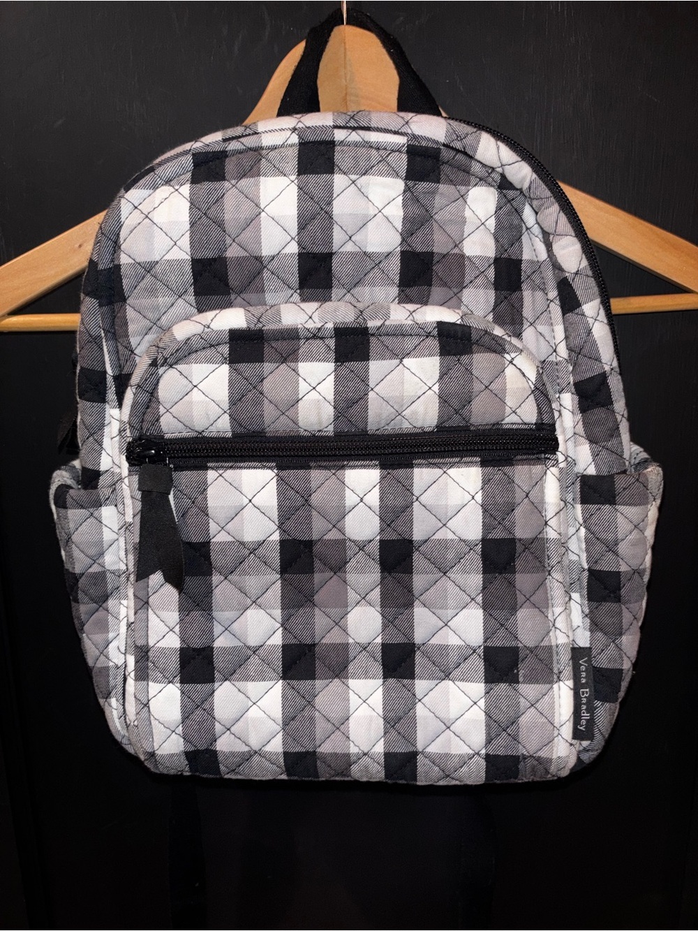 Vera Bradley Kingbird Plaid Quilted Compact Backpack Black White Gray White